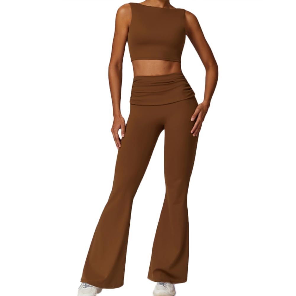 JPXJGT 2 Piece Activewear Yoga Clothes Control Quick Dry Gym Flare Pants and Bra Set(Size:S,Color:Brown)