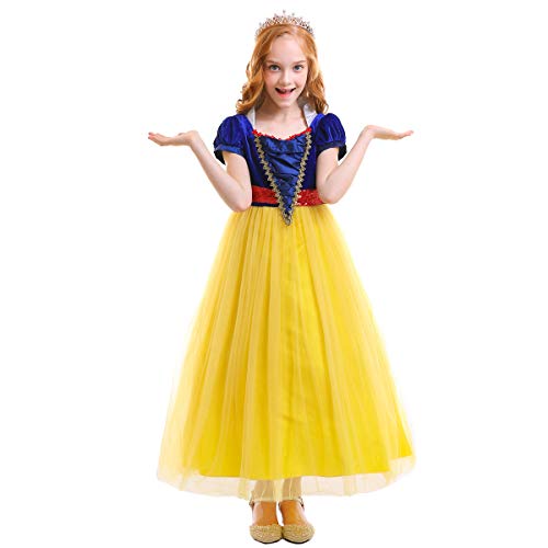 Preisvergleich Produktbild IWEMEK Kinder Mädchen Schneewittchen Kostüm Cosplay Märchen Prinzessin Kleid kurzen Ärmeln Tüll langes Kleid Halloween Party Ball Abendkleid Festzug Geburtstag Cocktailkleid Hochzeitskleid Gelb 12-13