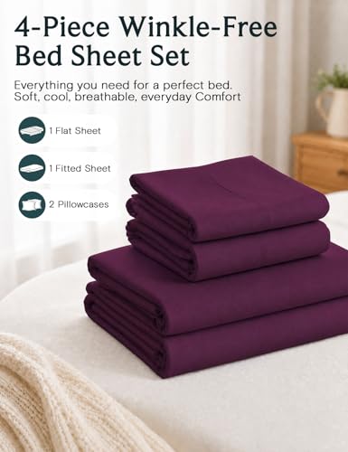 Image of LuxClub 4 PC Full Sheet Set, Breathable Luxury Bed Sheets, Deep Pockets 18 inch Wrinkle Free Cooling Bed Sheets Machine Washable Hotel Bedding Silky Soft - Eggplant Full