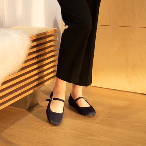 Image of Soesyi Knit Flats for Women Square Toe Flats Casual Ballet Flats with Ankle Strap,Mary Jane Shoes Women Comfortable for Dressy Office