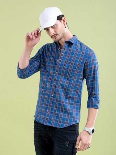Image of The Indian Garage Co Men Slim Fit Checkered Full Sleeves Spread Collar Cotton Casual Shirt