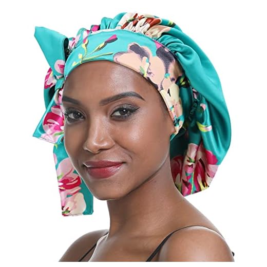 SENGTERM Silk Night Cap - Gorra de noche para mujer con pelo de satén, banda ancha de seda elástica, doble capa para mujeres negras, con pelo largo y rizado., Flor verde., L