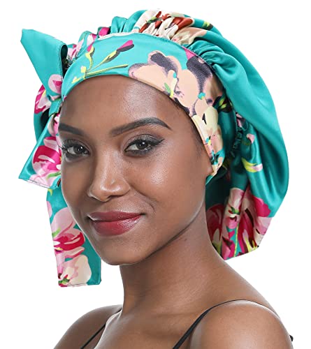Sengterm - Gorro de noche de seda para mujer, con pelo, gorro de raso para dormir, ancho de banda sedosa elástica de doble capa, para mujeres negras con cabello largo y rizado, Flores verdes, L/XL