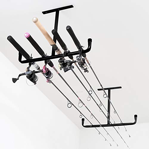 Henson Overhead Garage Storage Rack - Heavy Duty Double Ceiling Mounted Hooks Utility Hangers Safe Racks For Fishing Rod 16.5" Arm Length 2 Pack, Black #TOP5