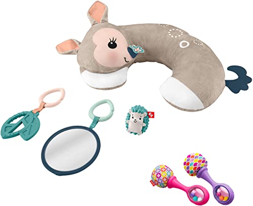 Image of Fisher-Price Tummy Time Fawn Wedge + Rattle 'N Rock Maracas, Set of 2 Soft Musical Instruments for Babies 3+ Months, Pink & Purple [Amazon Exclusive]