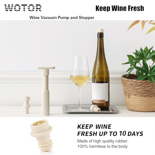 Image of WOTOR Wine Saver Vacuum Pump with 8 Stoppers, Wine Stopper & Preserver, Reusable Bottle Sealer Keeps Fresh, Ideal Accessories Gift, Flat Handle (Cream)