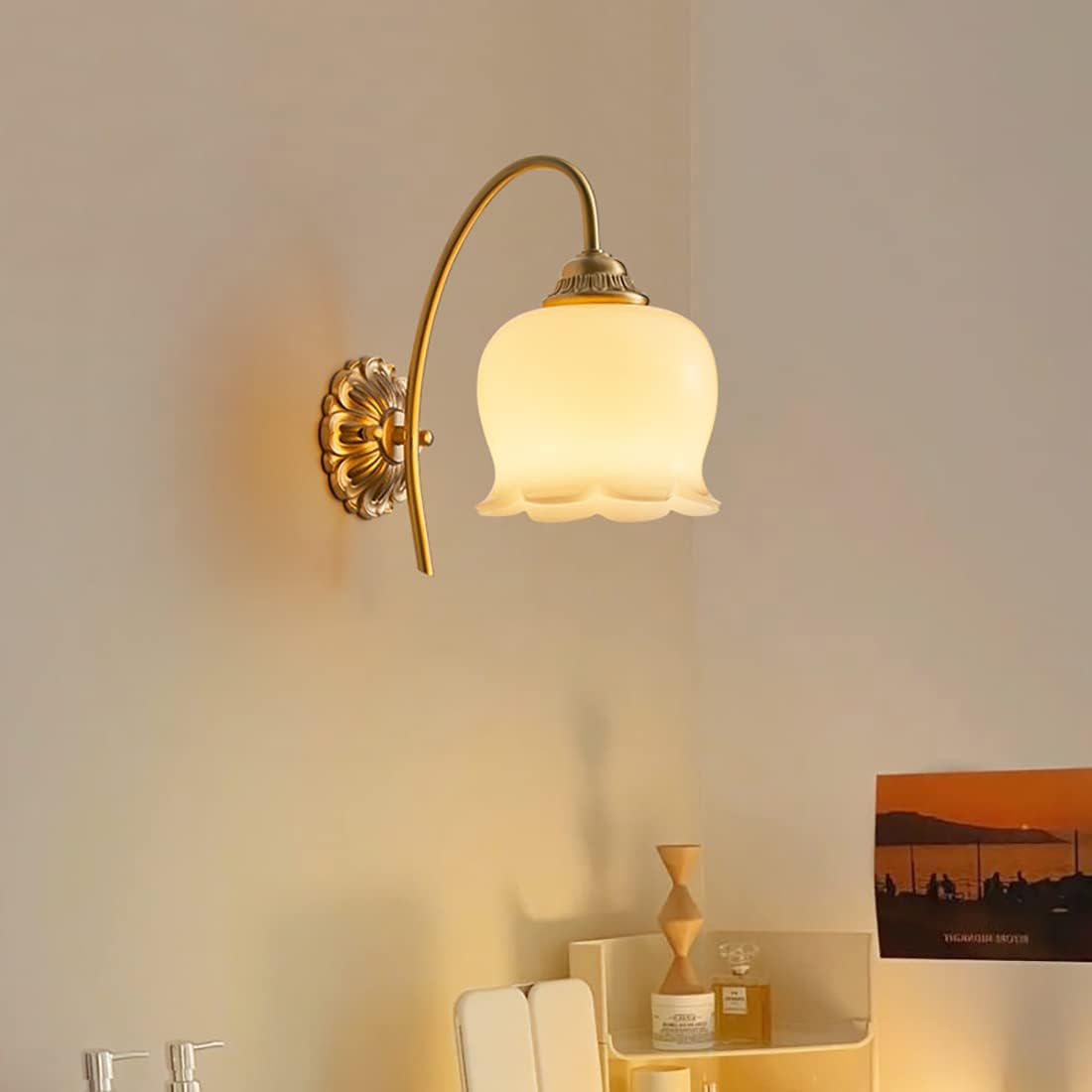 TCHAUSGZUS Vintage Gold Wall Light Sconces with Glass Flower Shade - Mid-Century Bathroom Vanity Lighting for Bedroom, Living Room, and Hallway
