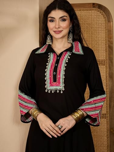 Image of Stylum Women's Solid & Embroidered Rayon A-Line Kurta Pant Set