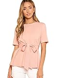 Floerns Women's Tie Waist Knot Summer Keyhole Short Sleeve Top Blouse Pink M