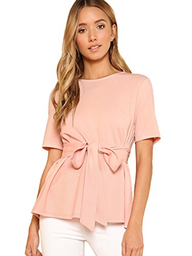 Floerns Women's Tie Waist Knot Summer Keyhole Short Sleeve Top Blouse Pink M