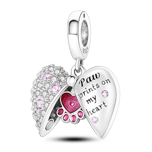 Image of 925 Sterling Silver Sparkling Heart Locket Paw Print Animal Love Dangle Bead Charm For Pandora Bracelets Charms Necklace | Cubic Zirconia Enamel Charm | Gift Boxed