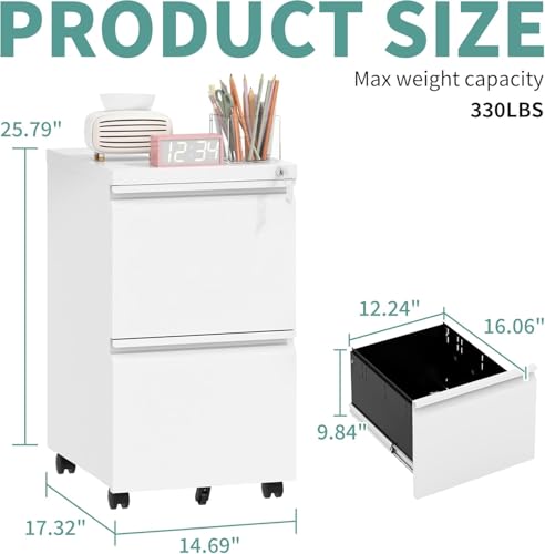 Image of Guizeeopo 2 Drawer Locking File Cabinet, Fully Assembled Heavy-Duty Metal Filing Cabinets for Home Office, Quiet Slides, Anti-Tipping Wheels, Fits A4 /Letter /Legal, Matte White