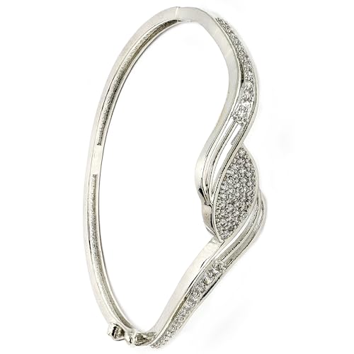 Image of ZENEME Rhodium Plated Silver Toned American Diamond Studded Grace Line Kada Bracelet For Women