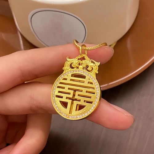 Feng Shui Golden Double Happiness Pendant Necklace, Traditional Chinese Good Luck Amulet Gifts for Mom and Sister4