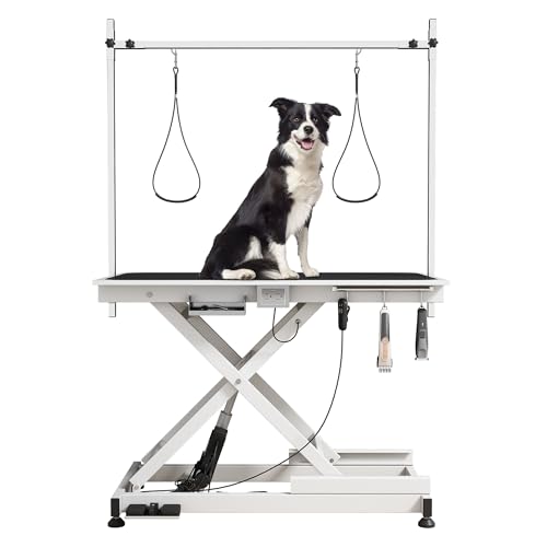 Heavy Duty Electric Lifting Pet Dog Grooming Table for Large Dogs with Overhead Arm, Anti-Skid Rubber Desktop and Powerful Motor, 50” / White