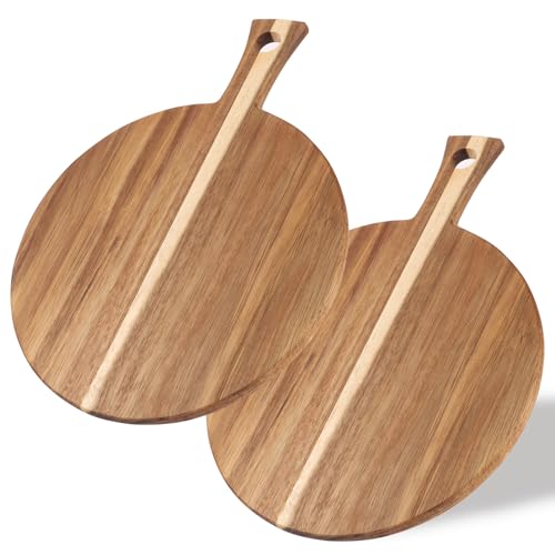 LDXDRU Lot de 2 planches à pizza rondes en bois de 40 cm - Grande planche à découper avec poignée - Pour pizza, foccacia ou pain - 40 x 30 x 1,5 cm