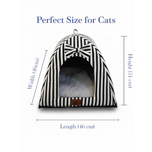 Image of PETS EMPIRE Soft Cozy Pet Hut Bed for Cats, Kittens & Puppies - Comfortable Fabric, Indoor Sleeping Bed, White & Black Stripes