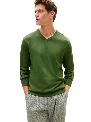 Tommy Hilfiger Herren-Pullover, Baumwolle, einfarbig, V-Ausschnitt, Leichter Pullover, Bergkiefer, XX-Large – Ansicht 1