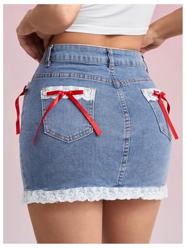 Floerns Women's Contrast Lace Bodycon Denim Skirt Cute Bow Party Mini Jean Skirts2