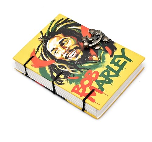 Image of Handmade Bob Marley Journal with Lock (5x7 Inches) | Recycled Paper Diary | Eco-Friendly Reggae Music Fan Notebook
