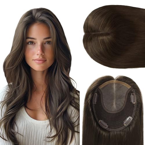 WORLDSTAR Human Hair Topper 360°3D Coverage Hairpieces Hand-stitched Real Hair Toppers for Women Add Volume,6 * 7 Inch Base 12Inch #2 Dark Brown,55g with Thinning Hair Upgrade Lace Base (tp#2-12)