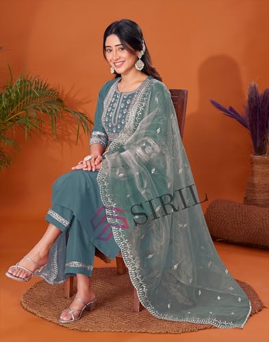 Image of SIRIL Women's Cotton Blend Sequence Embroidery Straight Kurta Pant with Dupatta Set