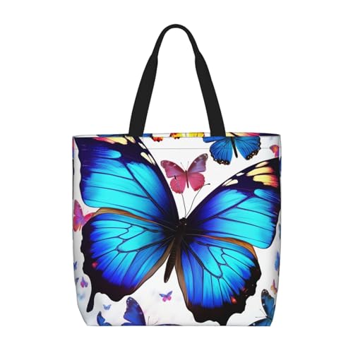 Colorful Butterfly Tote Bag for Women, Zipper Casual Tote's Handbag for Travel, Work, Lightweight Laptop Bags Big Capacity Shoulder Bag Reusable Grocery Shopping Bags