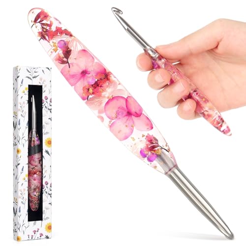 Image of Katech 6.5mm Crochet Hook for Arthritic Hands,Hand-Polished Stainless Steel | Ergonomic Crochet Hooks with Customized Sparkle Dried Floral Grip, Smooth Tapered Hook-Crochet Gift for Beginner & Crocheter