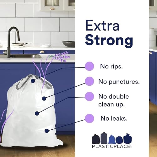 Image of Plasticplace White Drawstring Lavender and Soft Vanilla Scented Garbage Can Liners, Compatible with Code H (200 Count), 8-9 Gallon / 30-35 Liter, 18.5 inch x 28