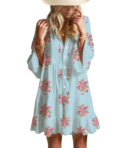 Image of Summer Dresses for Women 2026 Flowy Ruffle 3 /4 Sleeve V Neck Tiered Casual Babydoll Boho Beach Mini Dress