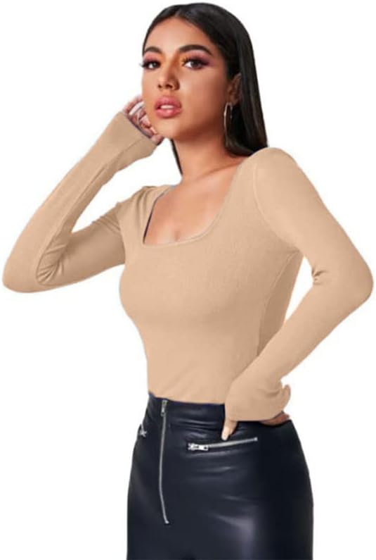 Solid Square Neck Long Sleeve Casual Stylish Western Ribbed Tops for Women