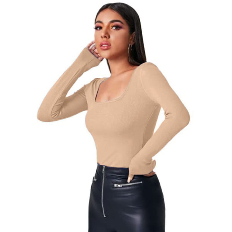 GLARE & BLAIRSolid Square Neck Long Sleeve Casual Stylish Western Ribbed Tops for Women