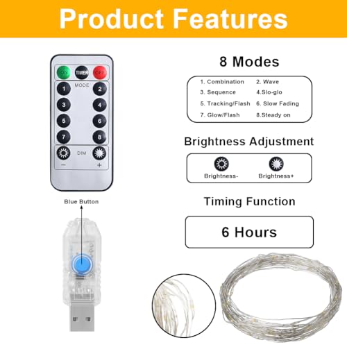 Vicloon Curtain Fairy Lights, 2Pcs 100LED 10M 8 Modes Remote Control Timer Adjustable Brightness, Fairy String Lights - Image 3