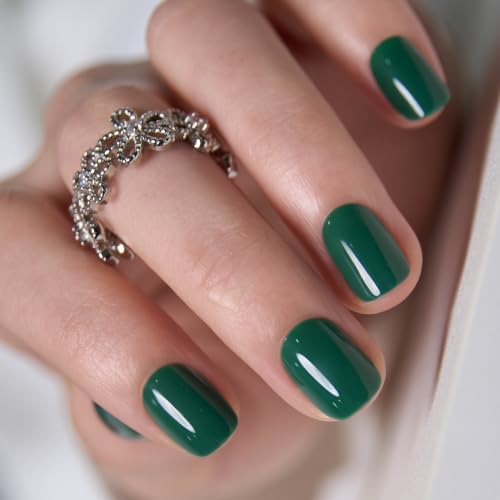 Image of CurvLife Short Oval Press On Nails, Green, Emerald Muse, Soft Gel