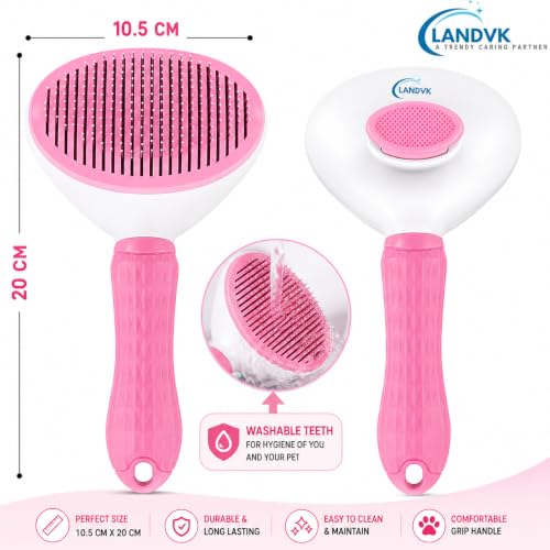 Image of LandVK Self Cleaning Slicker Brush for Dogs & Cats, Pet Grooming Shedding Brush, Easy Push Button Hair Removal, Removes Loose Undercoat, Mats & Tangles, Massage Comb for Long & Short Hair, Oval, Pink