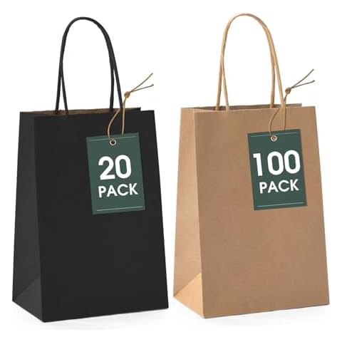 GSSUSA 5.25x3.75x8 Paper Gift Bags Brown 100PCS & Paper Gift Bags Black 20PCS Cover