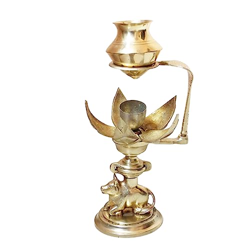 Image of Shivling Abhishek Patra Tripai Stand 12 CM With Brass Jalabhishek Lota Kalash With Pooja Plate Best Set for Small Size Shivling Jalabhishek - Yellow