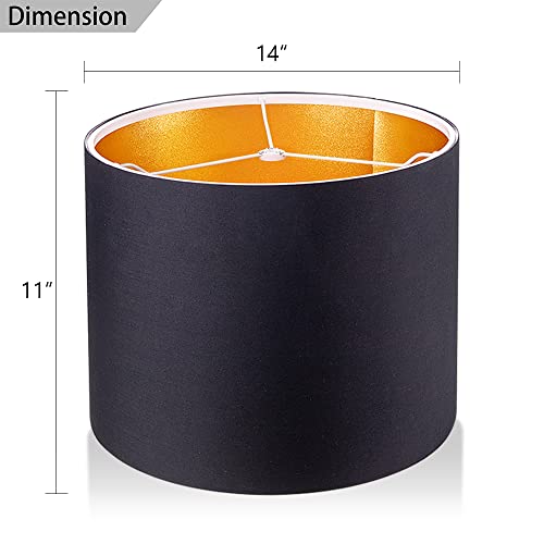 Wellmet 14"x14"x11" Assembly Required Lampshade for Table Lamp, Bedside Lamp, Floor Lamp, Fabric Drum Lampshade Classic Modern Style, Spider Fitter, Black Gold