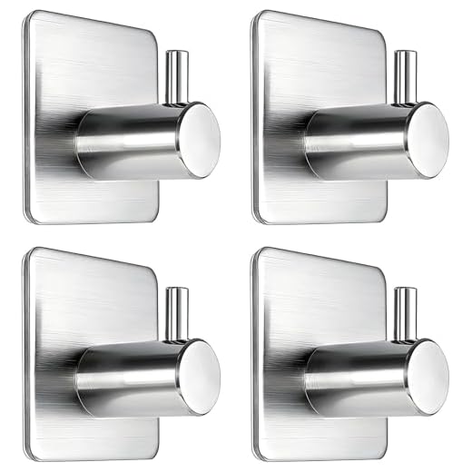Adhesive Hooks Heavy Duty Wall Hooks Waterproof Stainless Steel Hooks for Hanging Coat, Hat,Towel Robe Hook Rack Wall Mount- Bathroom and Bedroom 4-Packs