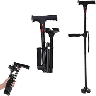 Gehstock mit LED-Licht, Gehstock Klappbar Damen &Herren, Höhenverstellbar, Doppelter Handgriff, Gehhilfe für Senioren, Eingebauter Alarm, Geschenke für Senioren & Erwachsene