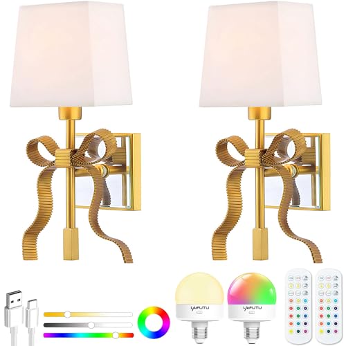 Image of Battery Operated Wall Sconces Set of 2, Gold Rechargeable Bow Wall Light with 5200mAh Dimmable Bulbs & Remote, 15 Colors Wireless Brass Wall Lamp for Bedroom Living Room Hallway Decor