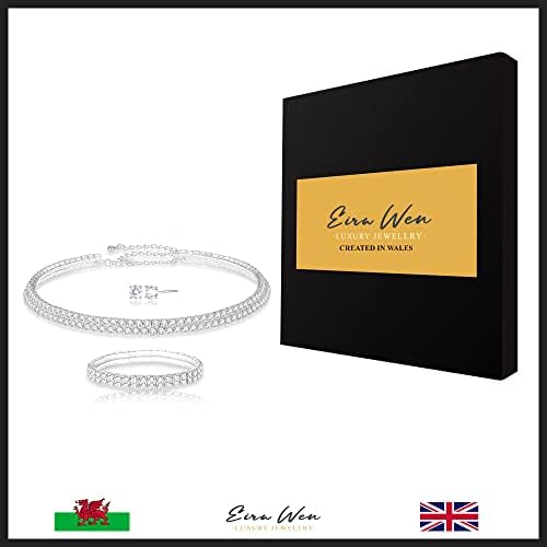 Eira Wen ® Sterling Silver Plated Tennis Necklace Bracelet & Earring Stud Jewelry Sets for Women Hypoallergenic Authentic Swarovski Crystal Set Valentine's Day Gifts for Her Mum Wife Girlfriend
