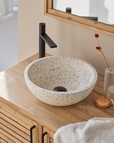 MG Valencia VENECIA WHITE MIX Vasque à Poser en Terrazzo. Lavabo Salle de Bain, Vasque Ronde à Poser, Lavabo WC, Sans Trou pour Robinet, Design Minimaliste,...