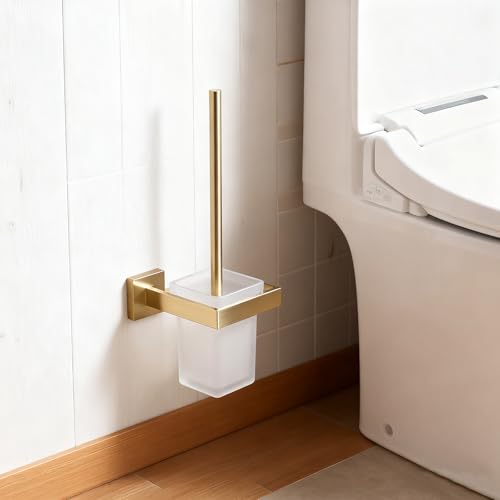 Image of Brushed Gold Toilet Brush and Holder Set, NEWRAIN Wall Mounted Toilet Bowl Brush with Long Handle, Stainless Steel Toilet Brushes for Bathroom-Space Saving
