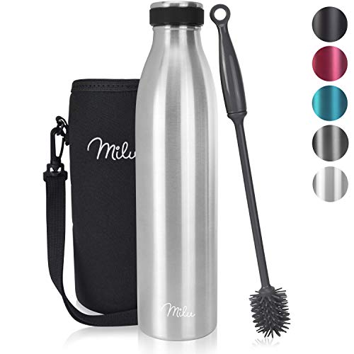 Milu Thermoflasche 500ml, 750ml, 1000ml Isolierte Edelstahl Trinkflasche, Thermoskanne Auslaufsichere Isolierflasche doppelwandig, Kohlensäure geeignet – inkl. Reinigungsbürste (Edelstahl, 750ml)