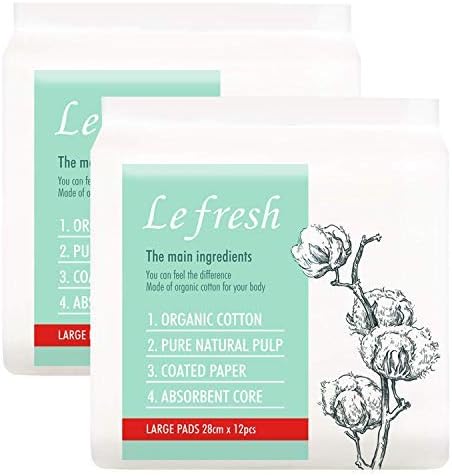 Lefresh Certified Organic Cotton Sanitary Pads with Wings 11″, Chlorine Free, Unscented Menstrual Feminine Pads Napkins for Women, Large, 2 Packs of 12 (24 ct)