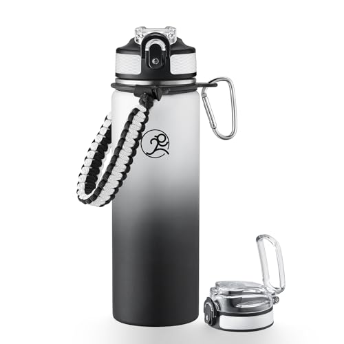 Image of GOSWAG 24oz Insulated Stainless Steel Travel Water Bottle, 2 Lids | with straw and no straw, Paracord handle, Double-wall vacuum keeps drinks cold or hot, Leakproof tumbler