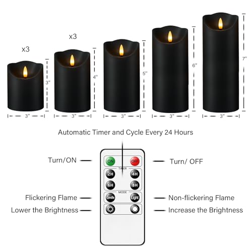 Image of Nimiko Flameless Candles with Remote, Battery Operated Flickering Flameless Candles, LED Candles with Timer 2 /4 /6 /8H, with Realistic LED Candles Set of 9 (D3 x H 3 inch 4 inch 5 inch 6 inch 7 inch) (Black)
