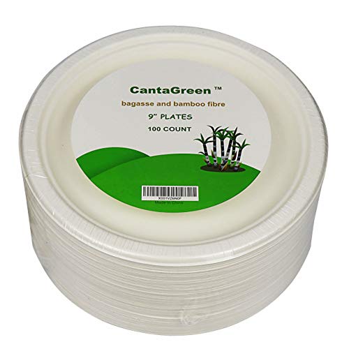 CantaGreen 9 inch Compostable Plates, 100 Count Heavyduty Sugarcane/Bagasse and Bamboo Fibre Biodegradable