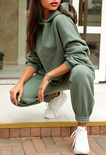 Linsery Women Hoodies Casual Tracksuit Long Sleeve Hooded Pullover Matching Joggers Sweatpants 2 Piece Sweatsuit Sets Green S #TOP5